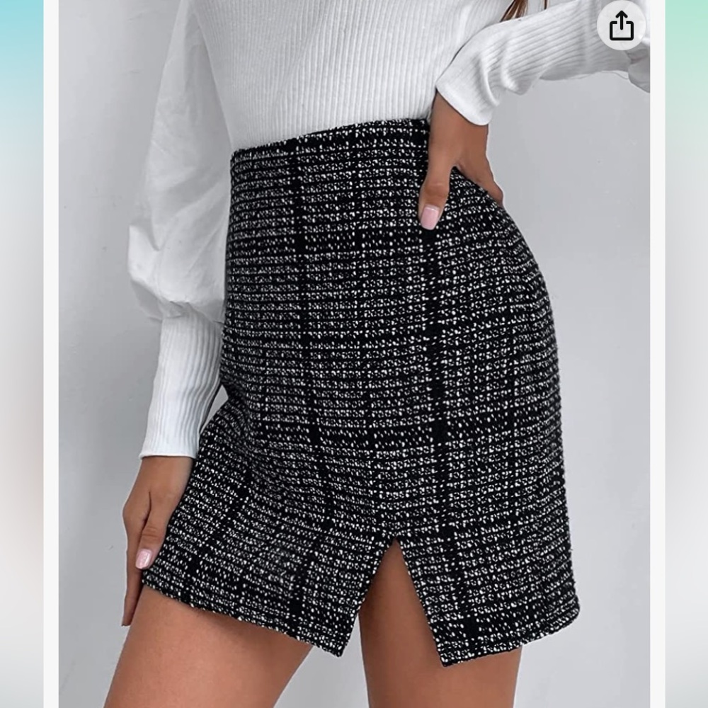 Tweed / plaid mid waist bodycon mini skirt in black / white - Picture 4 of 9